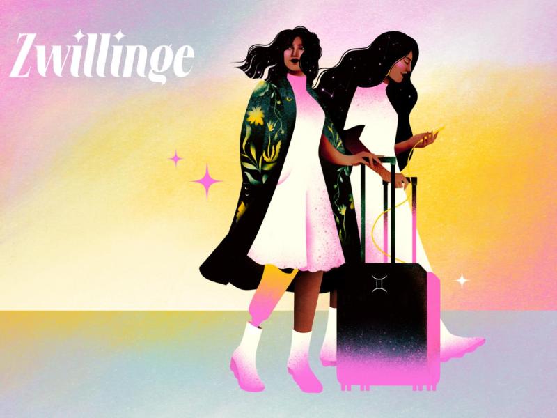 Stilisierte Zwillinge mit langen dunklen Locken, rosa-weißer Kleidung und Rollkoffer vor sanftem Farbverlauf in Gelb und Rosa.