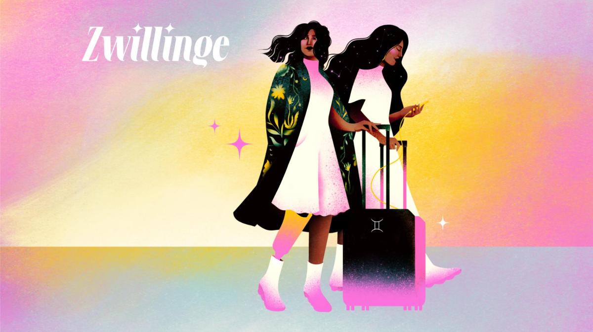 Stilisierte Zwillinge mit langen dunklen Locken, rosa-weißer Kleidung und Rollkoffer vor sanftem Farbverlauf in Gelb und Rosa.