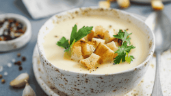 Blumenkohlsuppe in heller Schüssel.