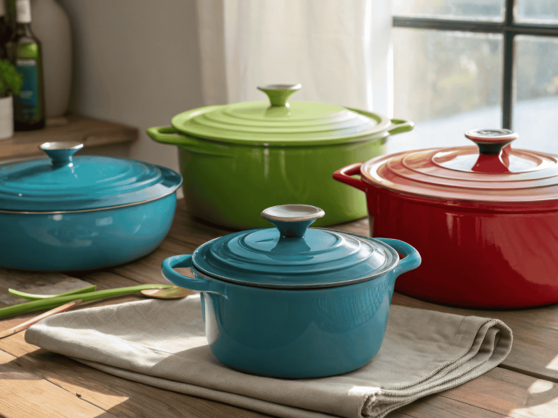 Mehre bunte Gusseisentöpfe auf einem Küchentisch.