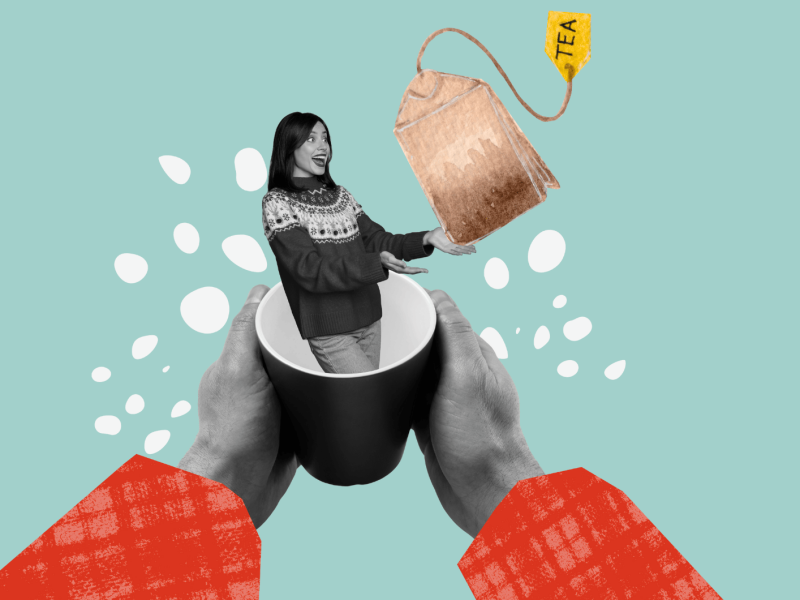 Collage einer Frau in einer Tasse, die auf einen Teebeutel zeigt.