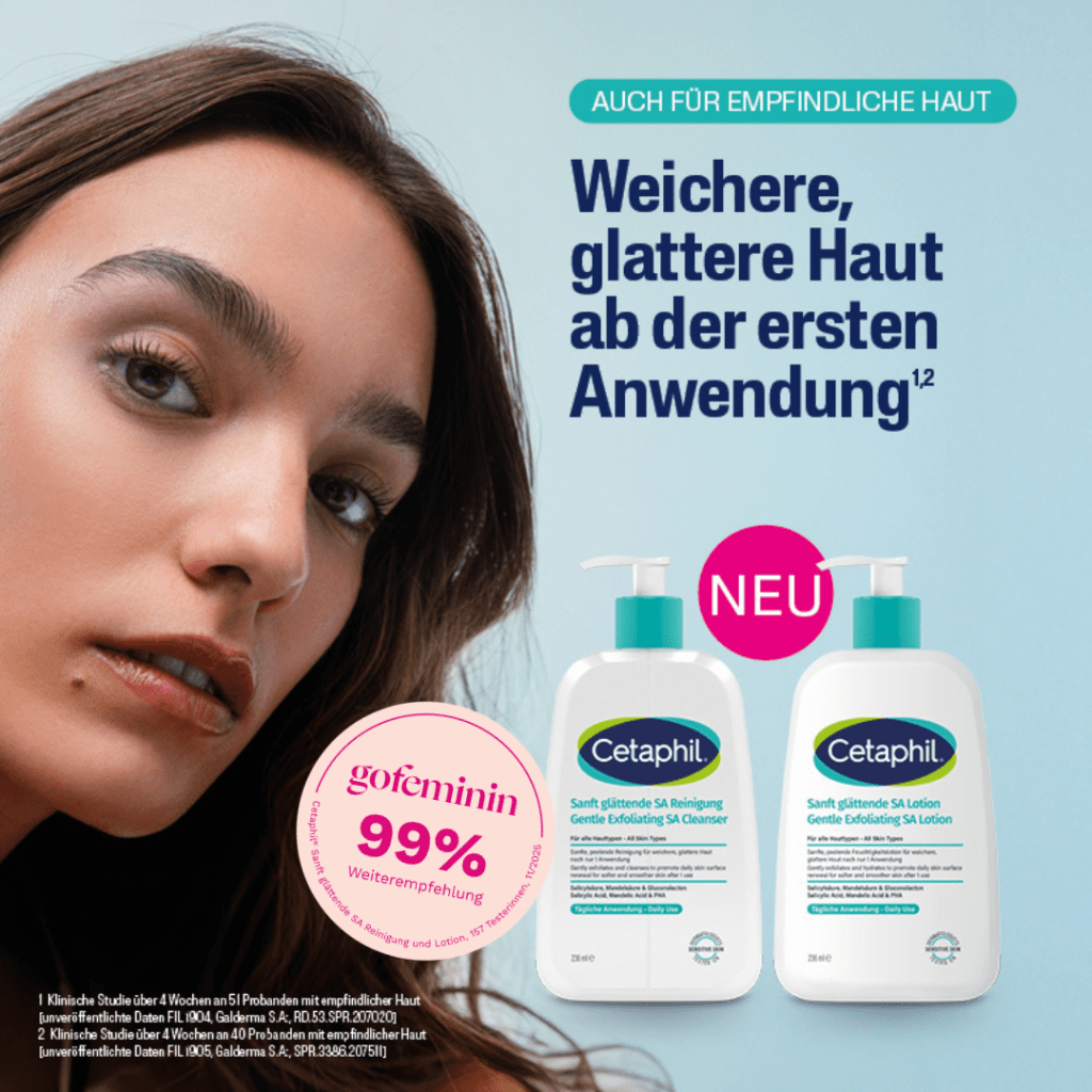 Werbebild der Pflege-Routine von Cetaphil mit gofeminin Testsiegel.