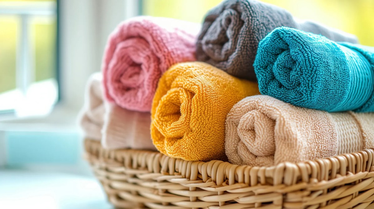 Bunte Handtücher aufgerollt in einem Korb.