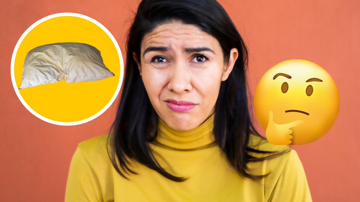 Frau schaut angeekelt, in Kreis daneben ein Kopfkissen mit gelben Flecken und ein nachdenklicher Emoji