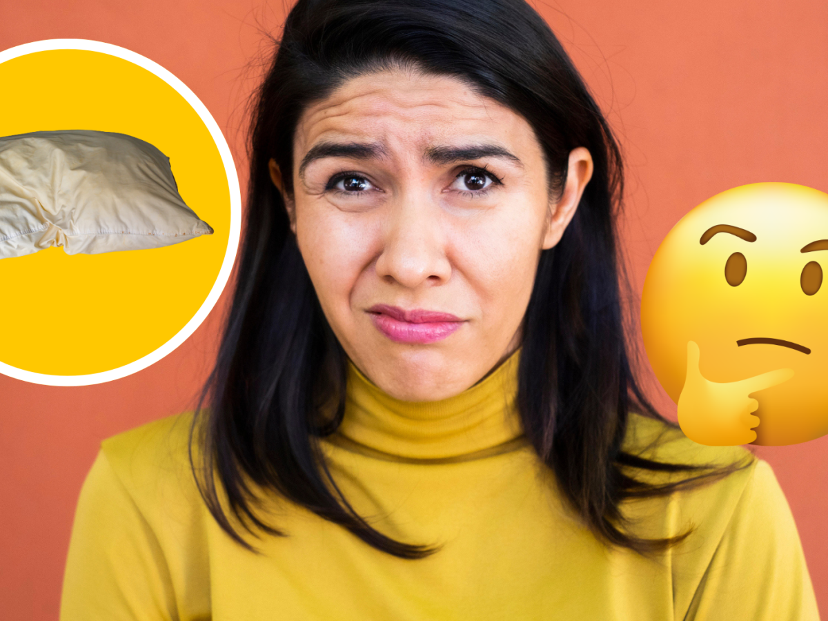 Frau schaut angeekelt, in Kreis daneben ein Kopfkissen mit gelben Flecken und ein nachdenklicher Emoji