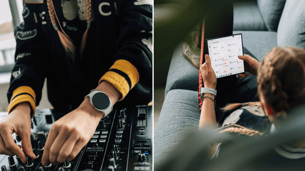 Nahaufnahme von DJane LUNAX, die eine Smartwatch trägt, beim DJing und beim Scrollen auf einem Tablet auf Sofa.
