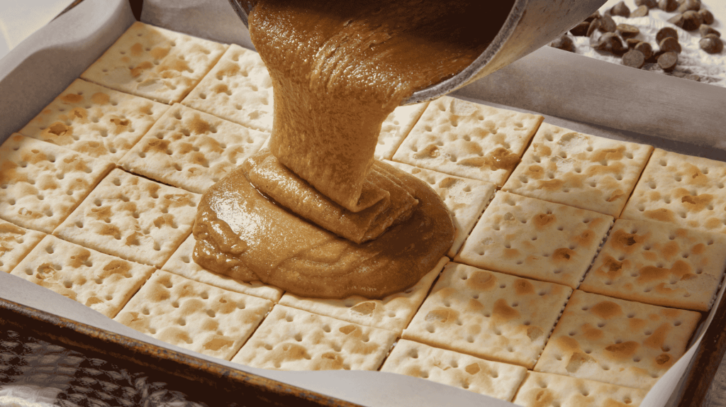 Saltine Cracker auf einem Backblech werden mit Karamell &uuml;bergossen.