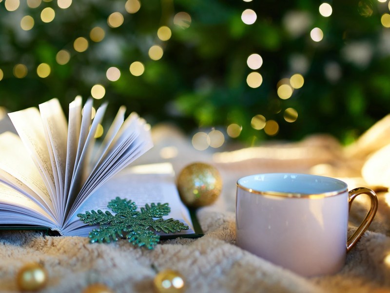 Offenes Buch in weihnachtlicher Atmosph&auml;re