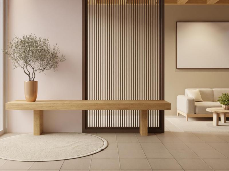 Ein moderner Flur in einem Haus. Im Hintergrund sieht man ein offenes Wohnzimmer.