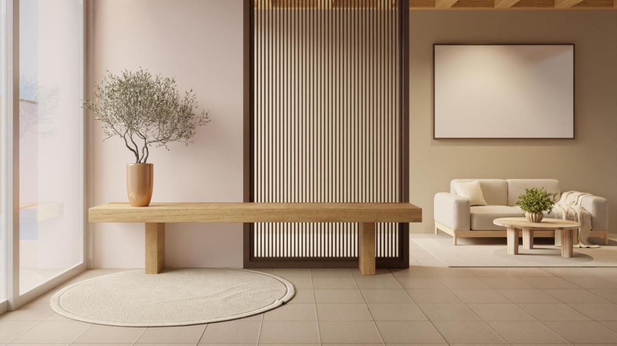 Ein moderner Flur in einem Haus. Im Hintergrund sieht man ein offenes Wohnzimmer.