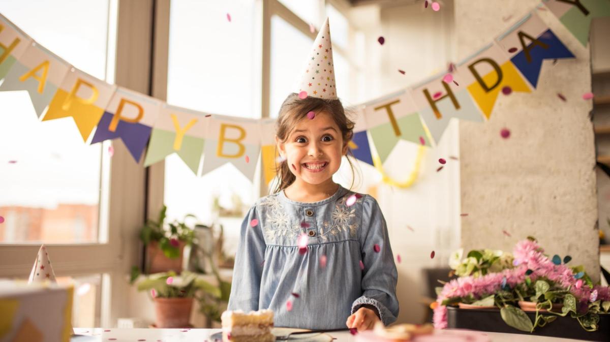 Mädchen hat Geburtstag und steht in einem geschmückten Wohnzimmer mit einem Partyhütchen auf dem Kopf und freut sich.