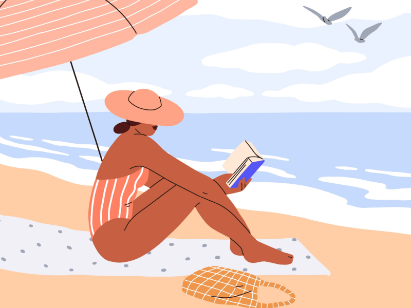 Illustration einer Frau, die am Strand ein Buch liest.