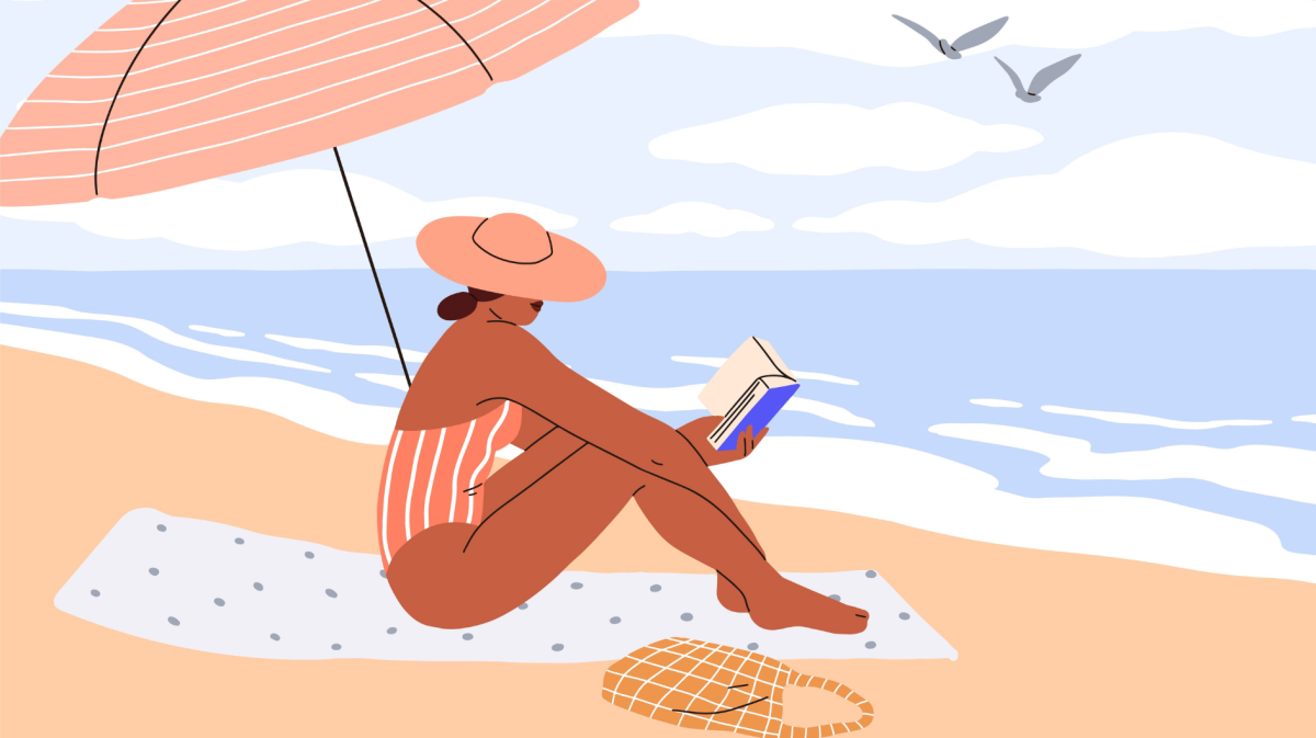 Illustration einer Frau, die am Strand ein Buch liest.