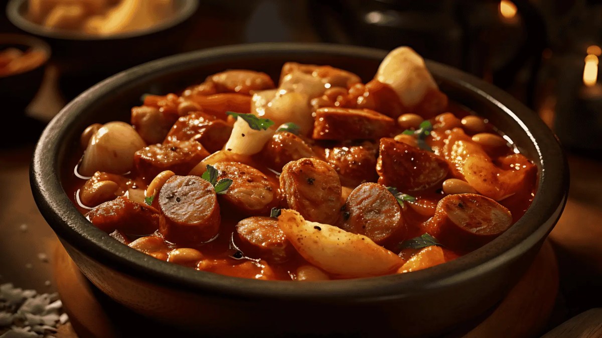 Eintopf mit Kartoffeln, Wurst und Paprika.
