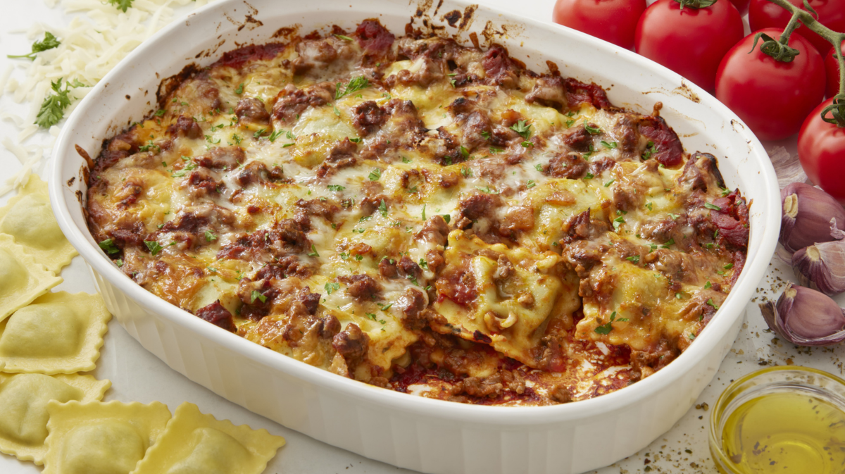Auflauf mit Ravioli und Käse in einer weißen Auflaufform.