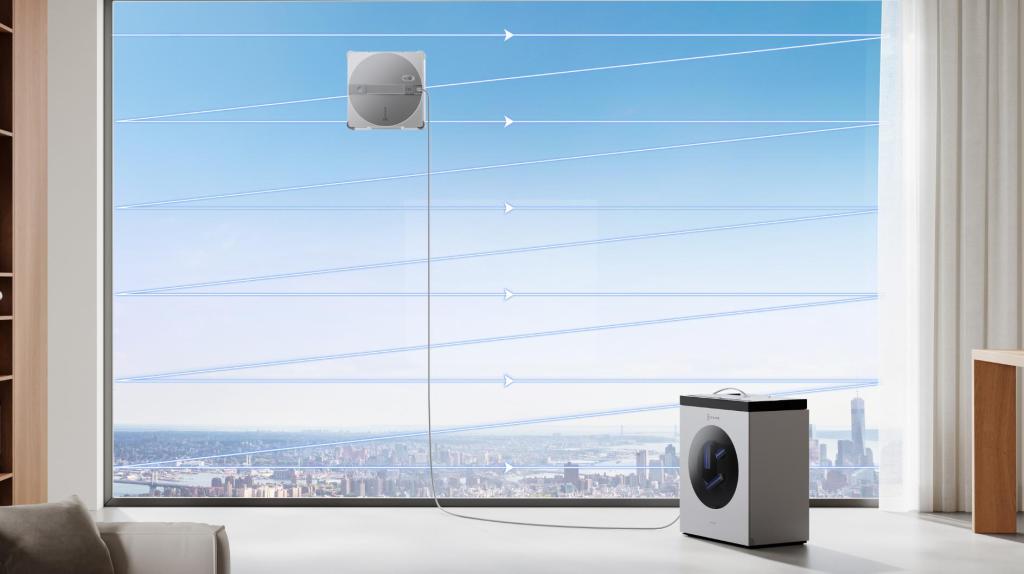 Produktbild des "WINBOT W3 OMNI " plus Station an einer Fensterscheibe.