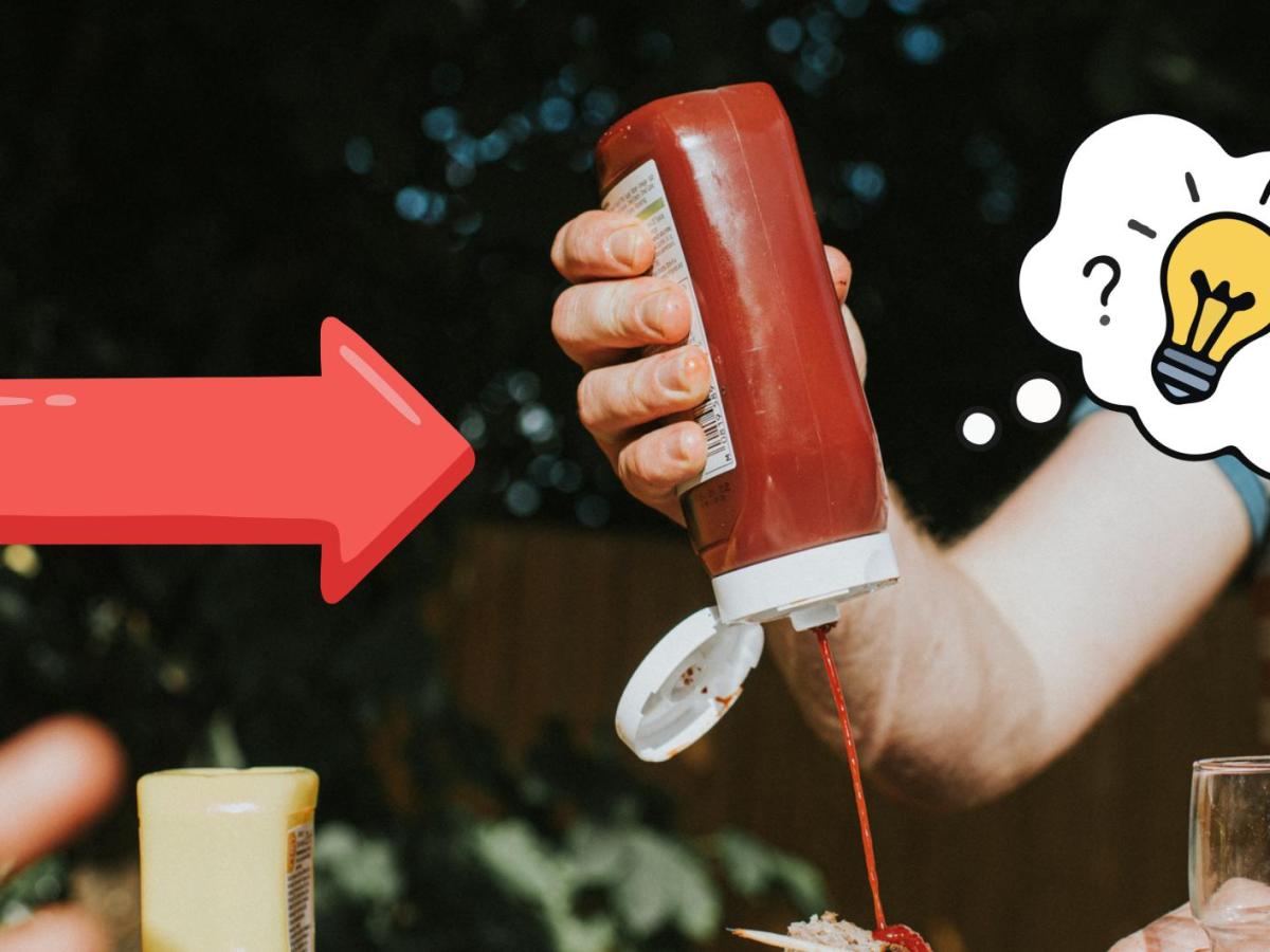 Person nimmt sich Ketchup aus einer Flasche. Auf dem Bild ist ein Pfeil und eine Gedankenblase zu sehen.