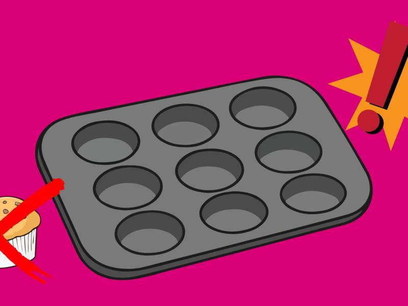 Eine gezeichnete Muffinform vor einem knall pinken Hintergrund. Unten links ist ein Cupcake mit einem roten X und oben rechts ein Ausrufezeichen.
