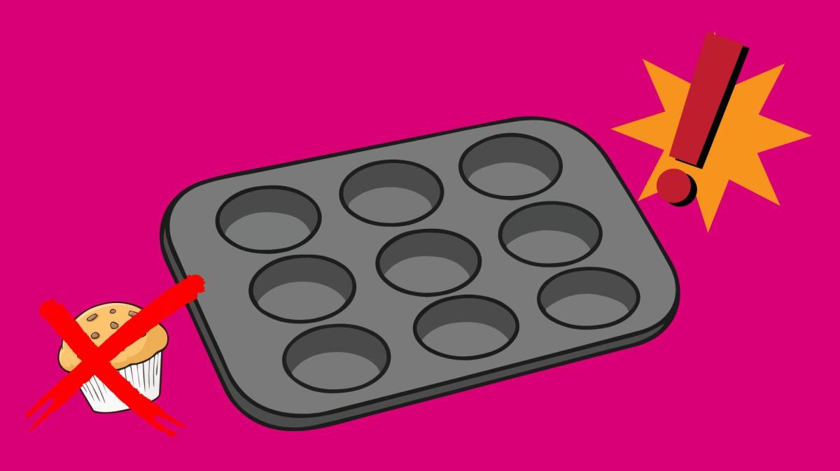 Eine gezeichnete Muffinform vor einem knall pinken Hintergrund. Unten links ist ein Cupcake mit einem roten X und oben rechts ein Ausrufezeichen.
