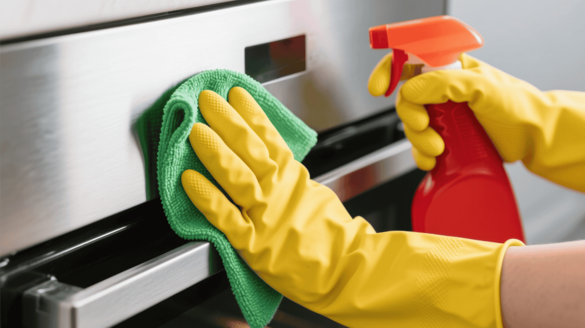 Person wischt mit Lappen über Edelstahl-Backofen.