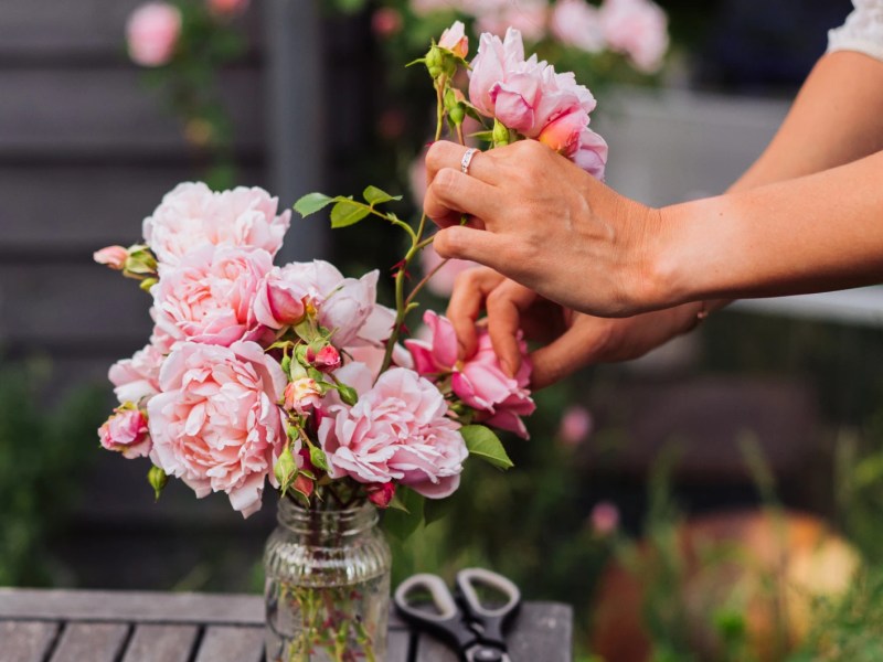 eine Frau steckt Wildrosen in eine Vase im Garten