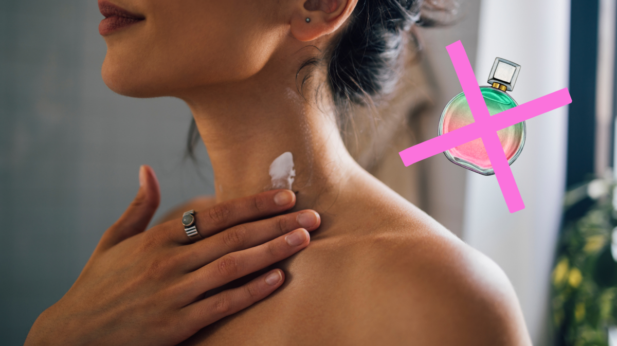 Frau, die sich mit einer Bodylotion eincremt und daneben ein durchgestrichener Parfum-Flakon.
