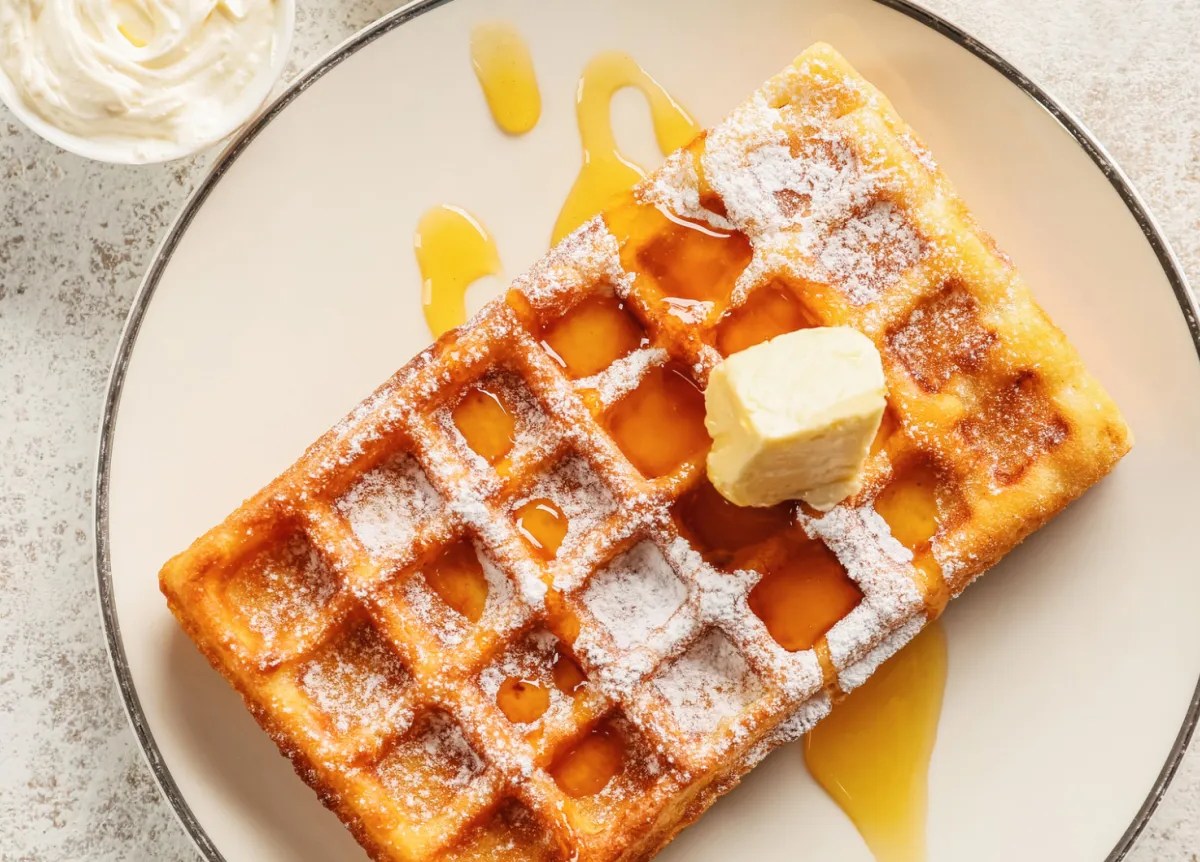 Belgische Waffel auf weißem Teller mit Sirup, Puderzucker und ein Stückchen Butter.