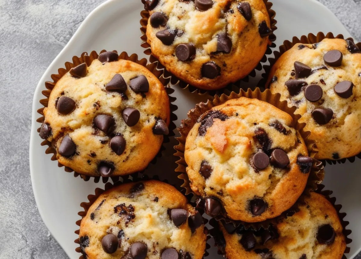 Muffins mit Schokostückchen auf weißem Teller.