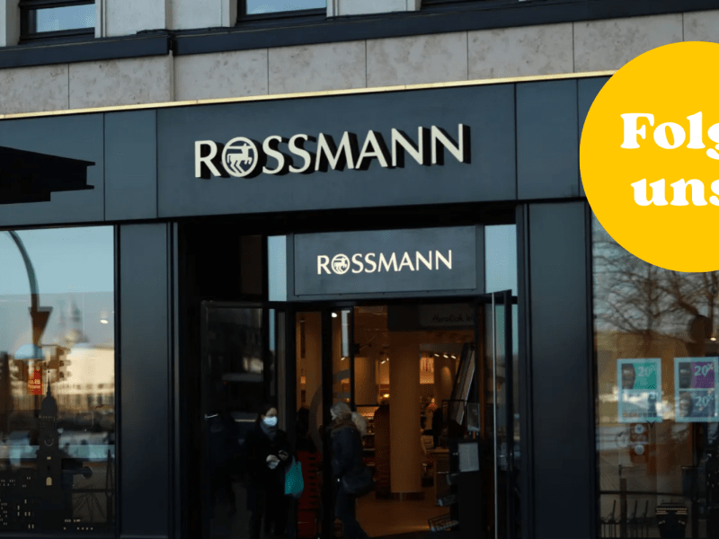 Schicke Rossmann Drogerie Filiale mit Folge uns Button in Gelb