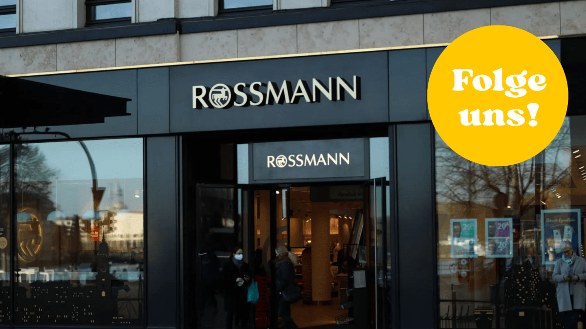 Schicke Rossmann Drogerie Filiale mit Folge uns Button in Gelb