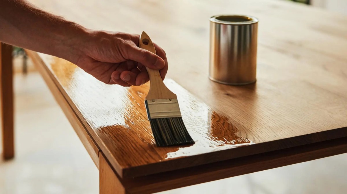 Person lasiert mit einer Lasur einen Holztisch.