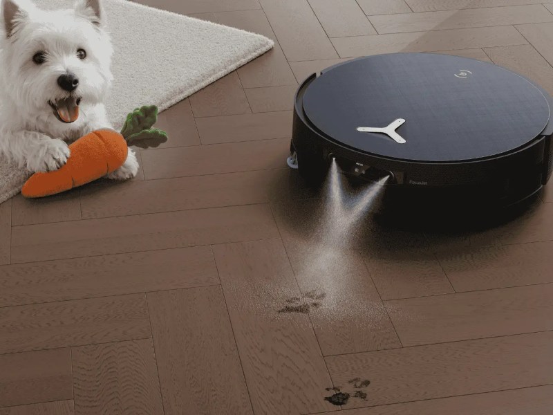Ein Ecovacs Saugroboter wischt die Flecken von Hundepfoten auf Boden weg.