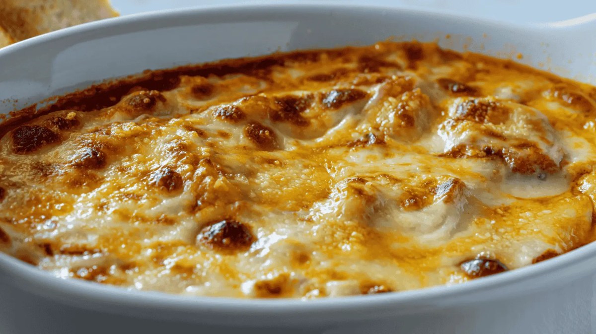 Auflauf mit viel Käse überbacken in weißer Form.