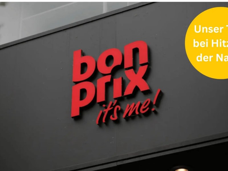 Bild von einem Bonprix Logo. Oben rechts ist ein gelber Kreis mit der Schrift Unser Tipp bei Hitze in der Nacht.