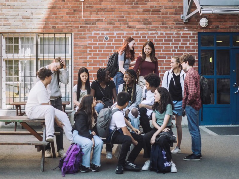 Eine Gruppe von Jungen und M&auml;dchen unterschiedlicher Herkunft sitzt w&auml;hrend der Pause auf dem Campus der Junior High School.