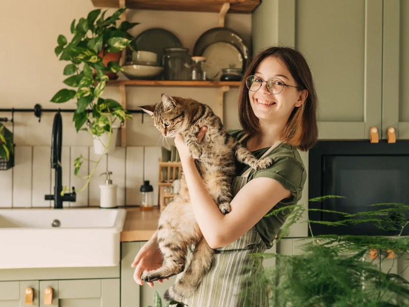 Teenagerm&auml;dchen steht lachend in der K&uuml;che und h&auml;lt eine Katze auf dem arm.