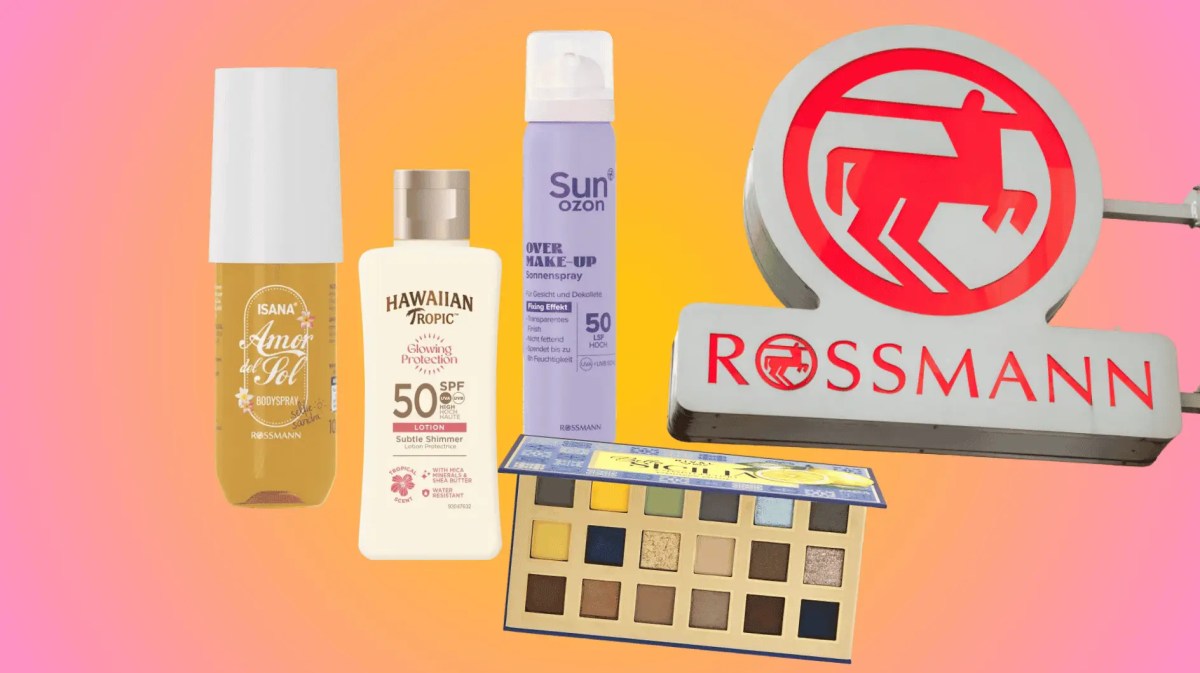 Bunter Hintergrund, darauf das Rossmann Logo und mehrere Produktneuheiten von Rossmann.