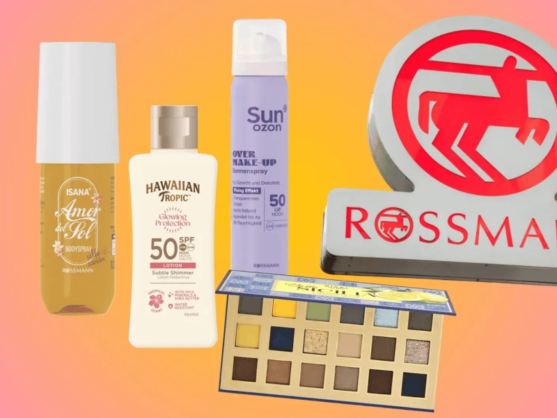 Bunter Hintergrund, darauf das Rossmann Logo und mehrere Produktneuheiten von Rossmann.