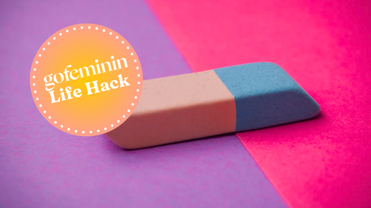 Radiergummi blaue Seite vor knalligem Hintergrund darauf gofeminin Logo