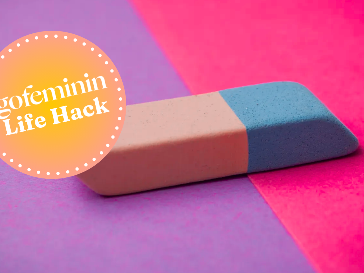 Radiergummi blaue Seite vor knalligem Hintergrund darauf gofeminin Logo