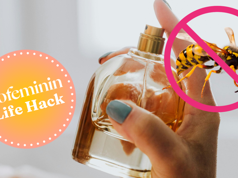 Hand mit Parfum, Wespe mit Verbotsschild und gofeminin Logo