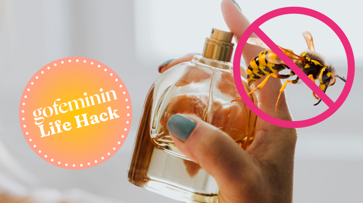 Hand mit Parfum, Wespe mit Verbotsschild und gofeminin Logo